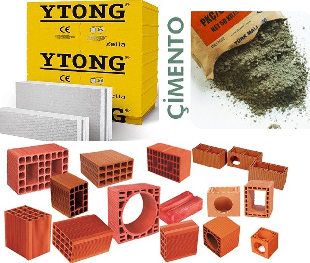Ytong gazbeton bloklar, çimento ve tuğla yapı malzemeleri